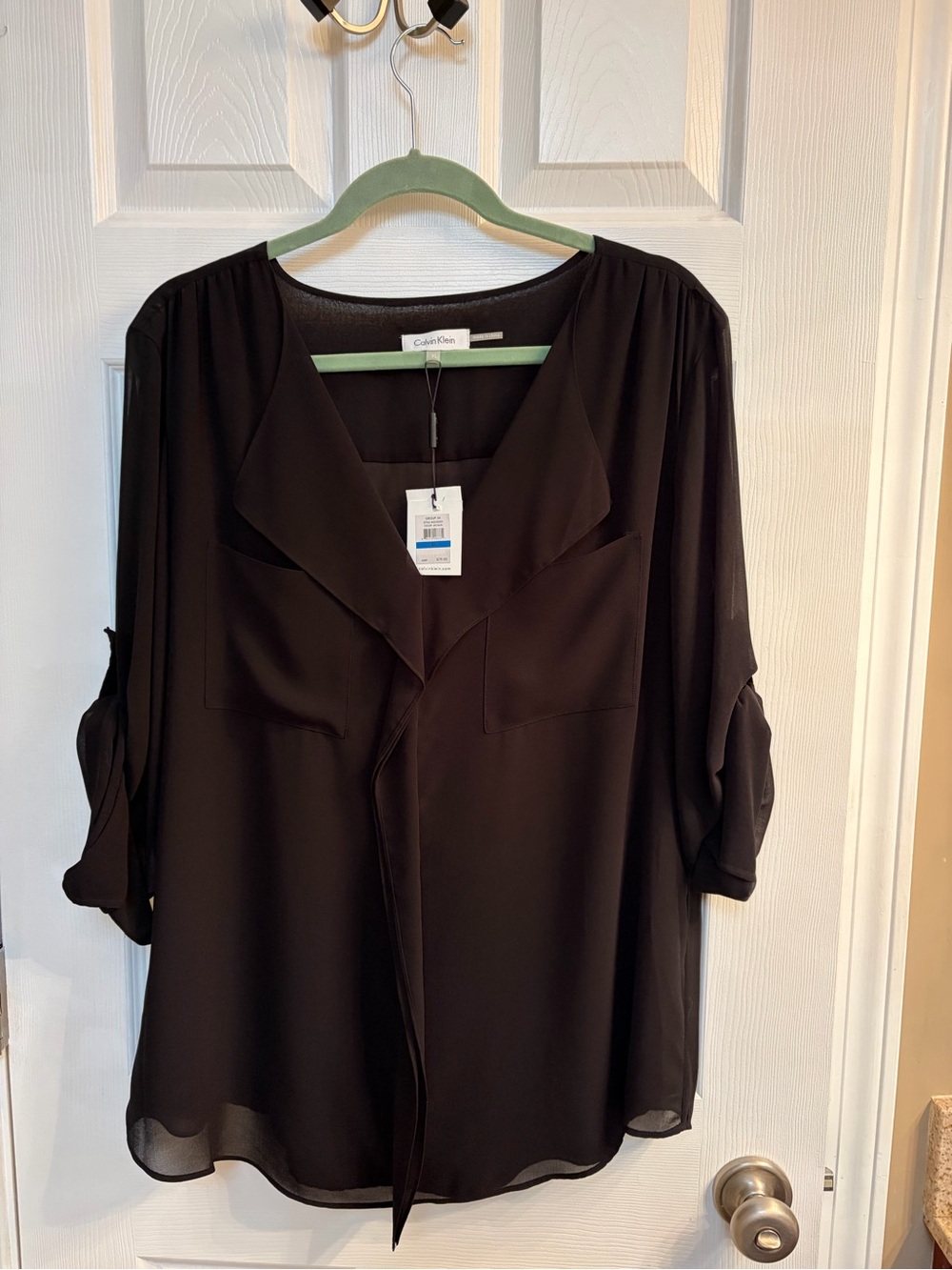 Calvin Klein Black V-Neck Roll-Sleeve Blouse